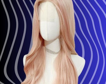 26 Inch Pink Wavy Wig, Heat Resistant Synthetic Hair, 4x2 Lace