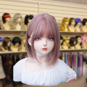 Pink Medium Length With Bangs Wig. Synthetic Hair Heat-Resistant Pink Wig, Daily, Pink Wig, Short Purple Wig, Cosplay Wig