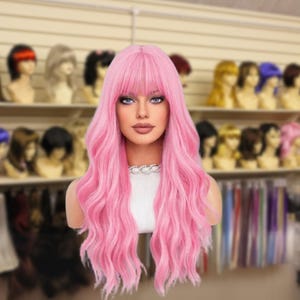 Long Fashionable Wavy Curl Synthetic Wig Pink Color, 26 Inches Length, Made Of Synthetic Fiber, Ideal For Daily Wear And Parties