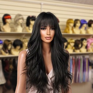 26 Inch Black Long Curly Synthetic Wig with Bangs, Wavy Wig for Women, Daily Wig, Party Wig, Heat Resistant Wig