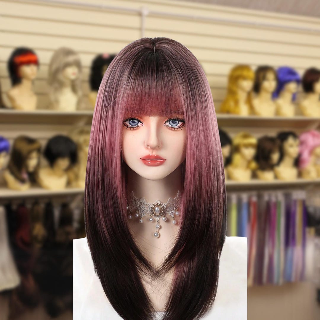 Black Pink Ombre Synthetic Wigs for Cosplay Long Straight  display picture 1