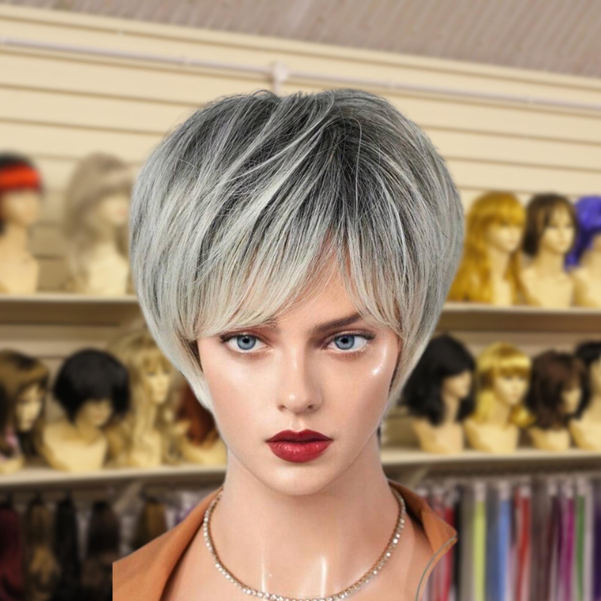 Perruque Femme Courte Méchée Blonde Racine Foncée - Synthétique - Bonnet Moyen - Neuve
