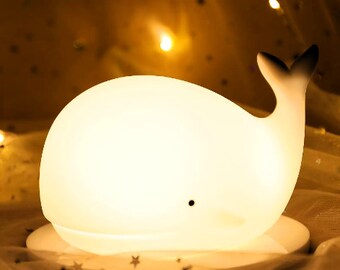 Cute Whale Night Light, 7-Color Silicone LED Lamp, USB Rechargeable Baby Nightlight