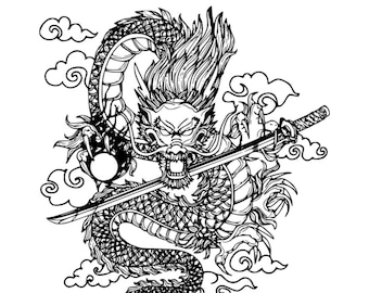 Japanse drakenvector, vectorkunst, Japanse kunst, downloadbare afbeelding, vectorillustratie, pdf, SVG, png