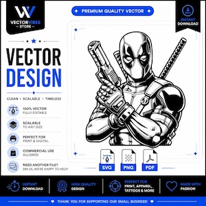May include: A black and white vector illustration of a masked character holding a handgun with a sword strapped to their back. The design includes text such as VECTOR DESIGN, PREMIUM QUALITY VECTOR, INSTANT DOWNLOAD, SVG, PNG, and PDF.