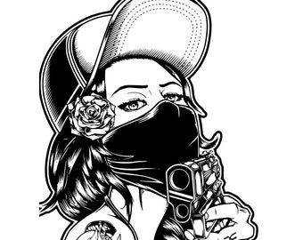 Gangstervrouw vector, vectorkunst, vectorafbeelding, digitaal product, vectoren, gevectoriseerde afbeelding, gangstervector