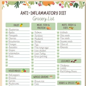 Lista de compras de dieta antiinflamatoria, lista de compras de gráficos de alimentos, guía de alimentos para la salud intestinal, lista de compras de nutrición PDF, descarga instantánea de tamaño A4
