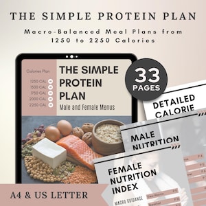 May include: A digital meal plan titled "The Simple Protein Plan" with "Macro-Balanced Meal Plans" from 1250 to 2250 calories. The plan includes 33 pages, male and female menus, and detailed calorie information. The image also shows various food items.