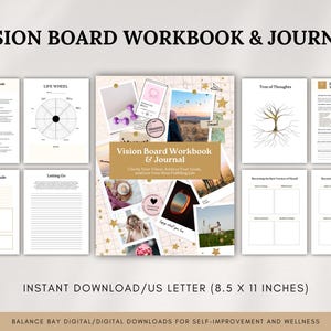Quaderno di lavoro e diario della Vision Board stampabile; guida alla tenuta di un diario per la crescita personale, la visualizzazione degli obiettivi e il miglioramento delle capacità di manifestazione