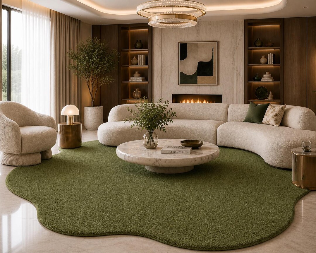 Hand Tufted Organic Shape Rug, Sage Green Abstract Rug, Modern ...