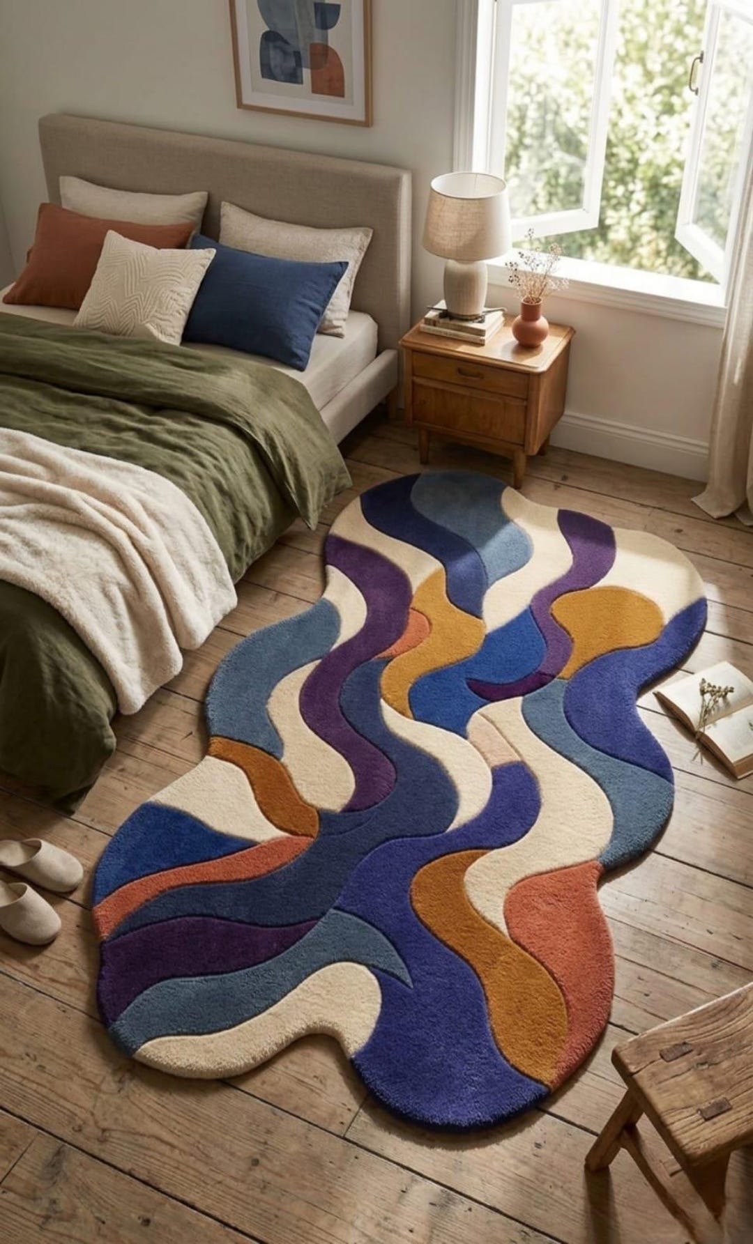 Wavy Irregular Shape Hand Tufted Wool Rug | Colorful Retro Abstract ...