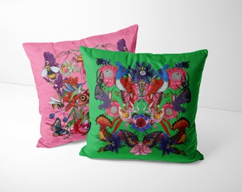 The Birds & The Bees - pink or green botanical print velvet pillow