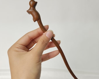 Handmade wood carving cat-shaped hairpin