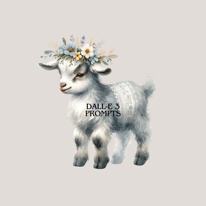 May include: A watercolor illustration of a white baby goat wearing a flower crown with blue and yellow flowers. The goat is standing on a light gray background.