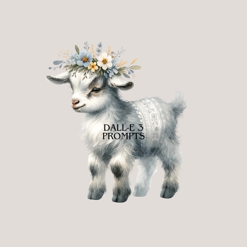 May include: A watercolor illustration of a white baby goat wearing a flower crown with blue and yellow flowers. The goat is standing on a light gray background.