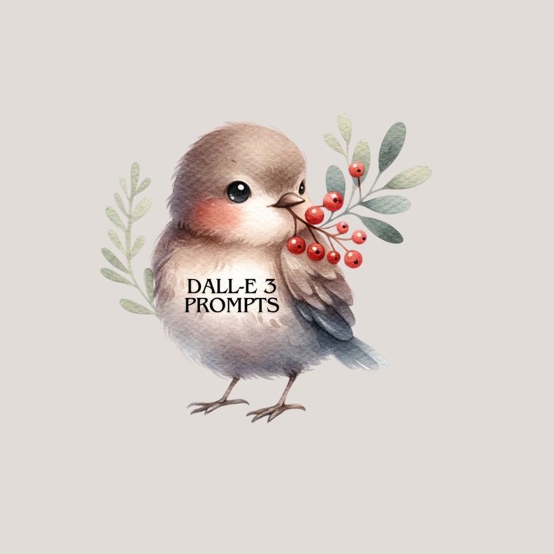 May include: A watercolor illustration of a brown and gray bird with a red beak, holding a sprig of red berries in its beak. The bird is perched on a branch with green leaves.