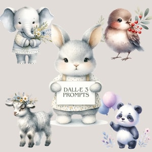 May include: A watercolor illustration of a cute gray bunny holding a sign that says "DALL-E 3 PROMPTS". The bunny is surrounded by other cute animals, including a gray elephant, a gray goat with a flower crown, a brown bird, and a black and white panda holding a purple balloon.