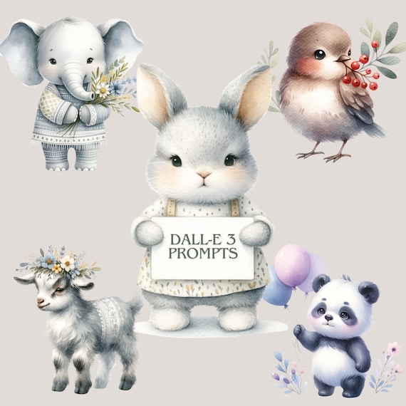 Dalle 3 Prompts Guide Cute Watercolor Animals AI Prompts Dall-E v3 Prompts Watercolor Animals Nursery Decor AI Prompt with 4 Cute Images