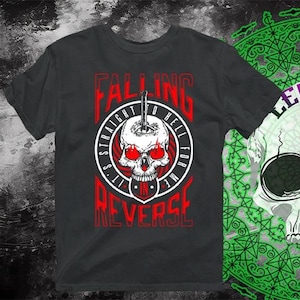 May include: Black t-shirt with a white skull graphic and the text "Falling Straight to Hell for Me in Reverse".