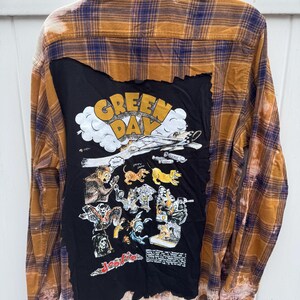 Geüpcycled Green Day-flanel | Gebleekt geruit overhemd punkrock | Grunge-streetwear | Uniek