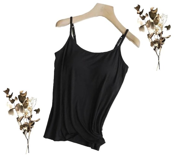 COMFREE Women’s Built-In Bra Cami – Adjustable Spaghetti Strap Tank Top – Sleeveless, Solid Black, Knit Viscose Spandex