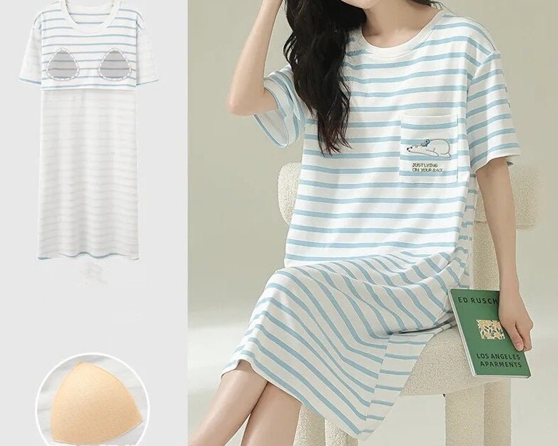  Women's Sleeveless Cotton Pajamas Built-in Shelf Bra Casual  Sexy Stripes Vest Dress : Sports & Outdoors
