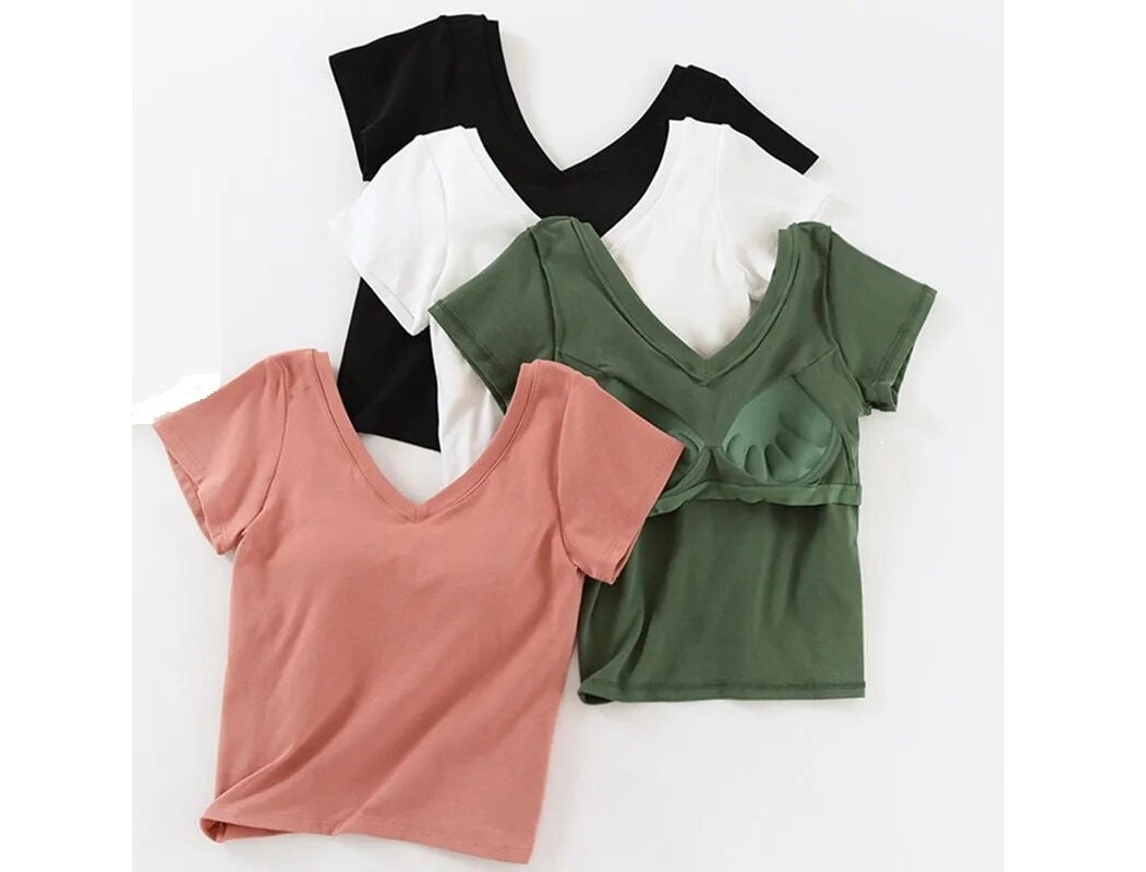 Built in Bra Top Tshirt V Neck Shelf Bra T Shirt Cotton -  UK