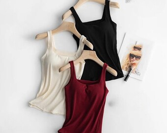 Square Neck Tank Top with Built In Bra Cotton