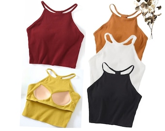 Halter Neck Crop Shirt with Inbuilt Bra Cotton