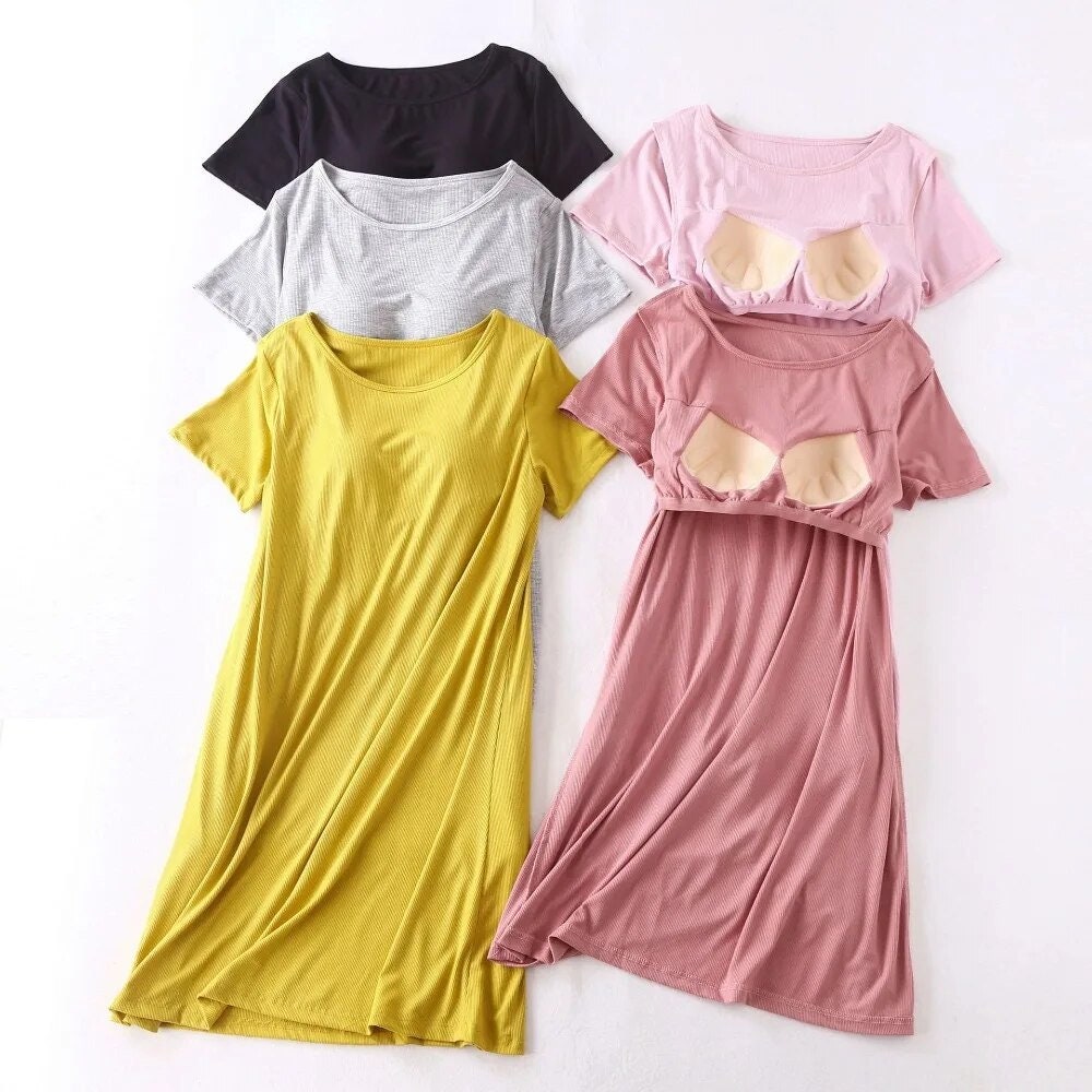Women Short Sleeve Built-in Bra Padded Long Nightdress Sleepwear