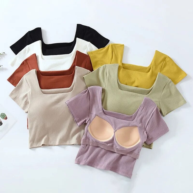 T Shirt Crop Bra Top With Built in Bra Cotton Bra Inbuilt Tshirt