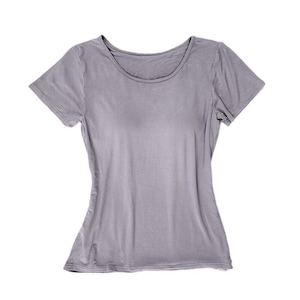 May include: A plain grey short-sleeved t-shirt with a crew neck.