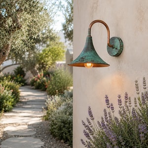 May include: A wall-mounted outdoor light fixture featuring a curved copper arm and a wide, flared shade with a weathered, verdigris green patina finish. The interior of the shade is metallic, housing a single glowing light bulb.