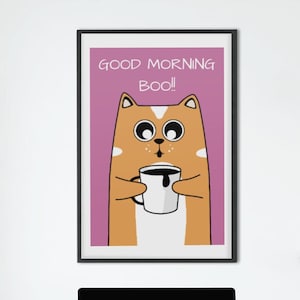 Cat Wall Print, Good Morning poster, Digital Download Print, Retro Wall Decor, Printable Art, cat lover print