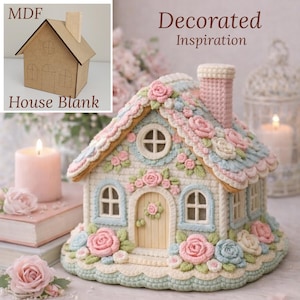 May include: A decorative house with a detailed, colorful design featuring pink and blue roses, a light pink chimney, and a beige door. The house is surrounded by candles and flowers. The image also includes a wooden MDF house blank.