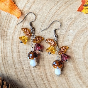 Autumn Fall Themed Seasonal Mushroom Dangle Earrings | 304 Stainless Steel & Glass Beads