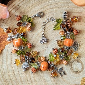 Autumn Forest Floor Cluster Charm Bracelet | Pumpkin, Leaf, Mushroom Beads | Silver-Plated Charm Jewellery