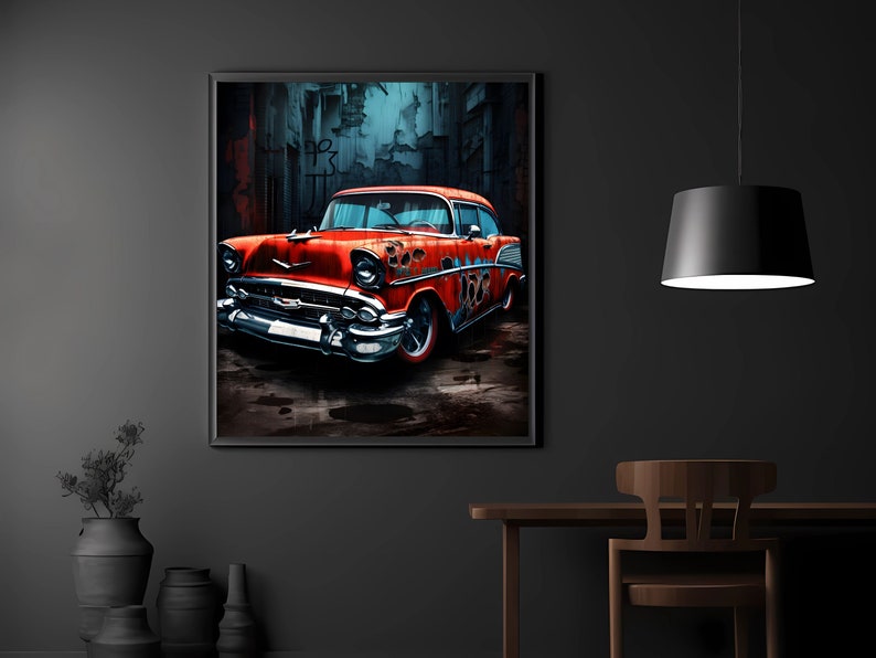 Retro Car Graffiti Wall Art, Colorful AI Art, Street Print for Car Lovers & Trendy Wall Decor