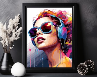 Headphone Girl Graffiti Art Print: Colorful Music Poster (Digital Download)