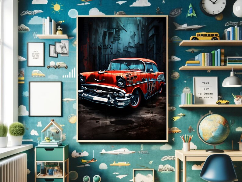 Retro Car Graffiti Wall Art, Colorful AI Art, Street Print for Car Lovers & Trendy Wall Decor