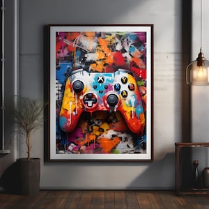 Pode incluir: Uma pintura abstrata colorida de um controlador de videogame com um fundo de estilo graffiti. O controlador é vermelho, amarelo, azul e verde, e o fundo é uma mistura de cores brilhantes.