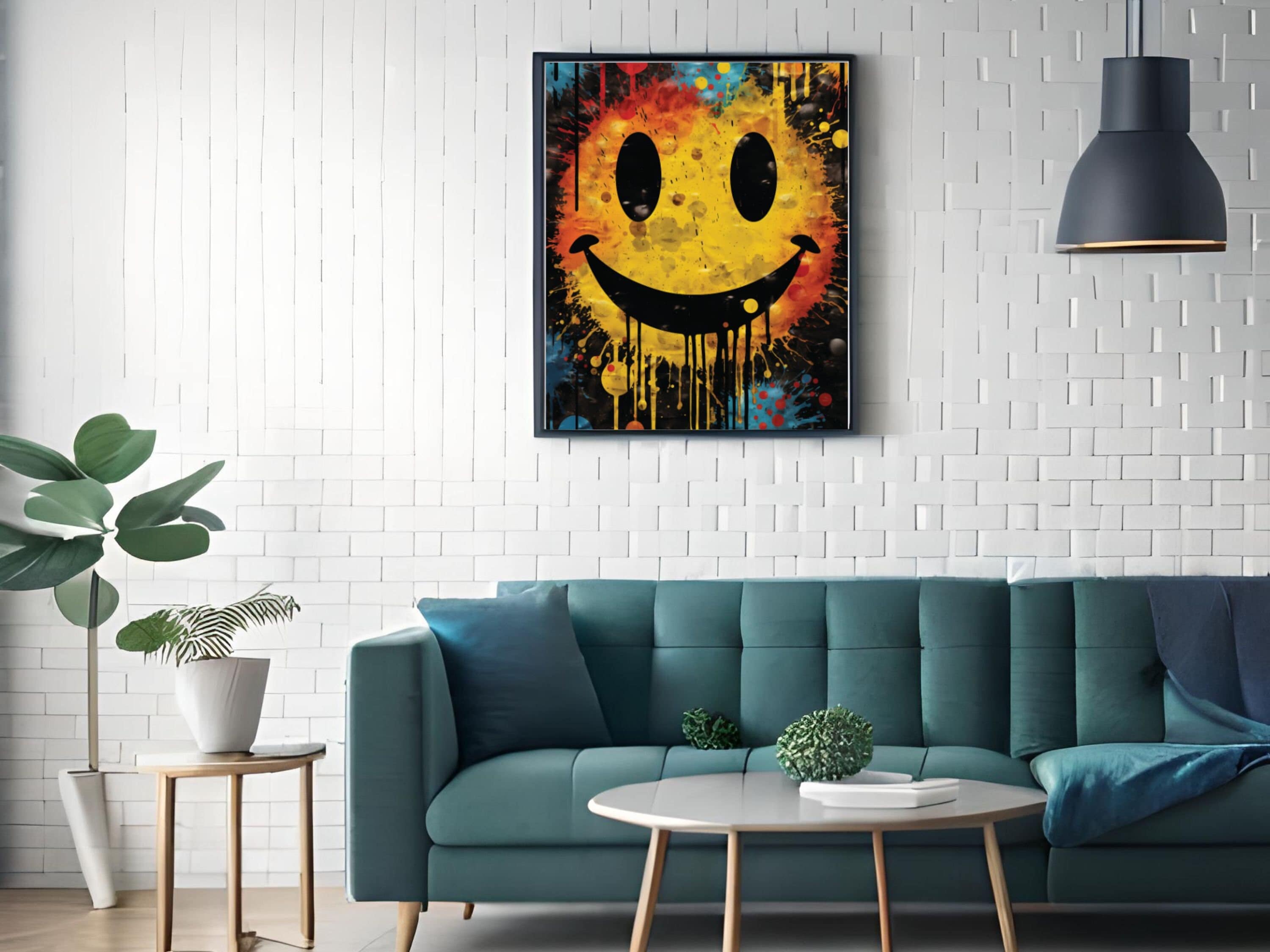 スマイリーフェイスのグラフィティアートプリント：カラフルな絵文字の
