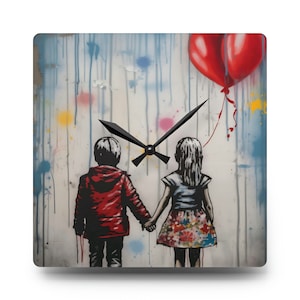 May include: A square clock with a white background and a colorful graffiti design. Two figures, a boy and a girl, are holding hands and walking away from the viewer. A red heart-shaped balloon is floating above them.
