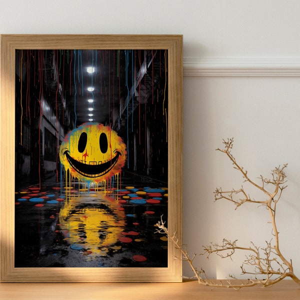 Funky Wall Art - Digital Download - Vibrant Emoji Happy Face Graffiti Wall Art - Urban Digital Print