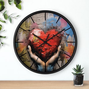 Heart Hands Graffiti Wall Clock: Modern Art Timepiece (10&quot; x 10&quot;)