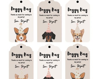 Dog birthday party favor tags, Two let the dogs out, Bad two the bone, Puppy Party, Dogs in party hats, dog adoption party labels
