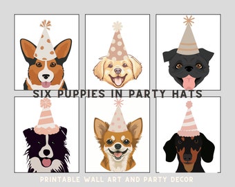 Puppy Party Printable wall art, Set of 6 Puppies in Party Hats, Digital download, Two let the Dogs out, Let’s Pawty, Fun Party decor
