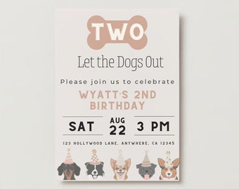 Two Let the Dogs Out Puppy Party Invitation, Puppy Party Invite, Digital Download