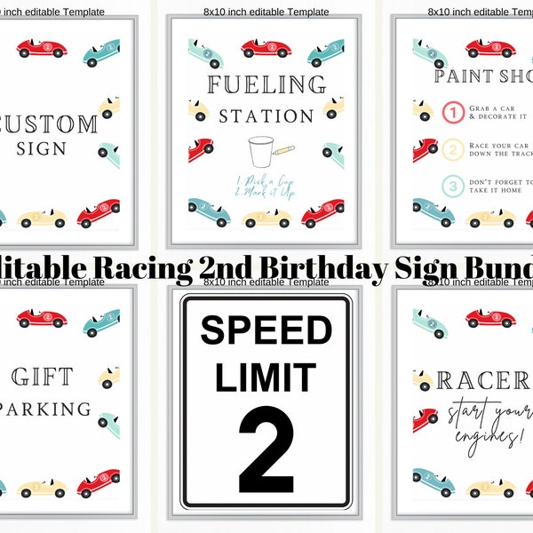 TWO FAST Racing 2nd birthday Signs Bundle, Second Lap, Race Car Signage, 2 Racecar bday, Racing Party Decor, Custom Print, Digital Download