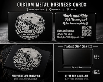 50 Custom Metal Business Cards, Personalized Laser Engraved Cards, Black Stainless Steel Cards, QR Code Business Cards, Premium